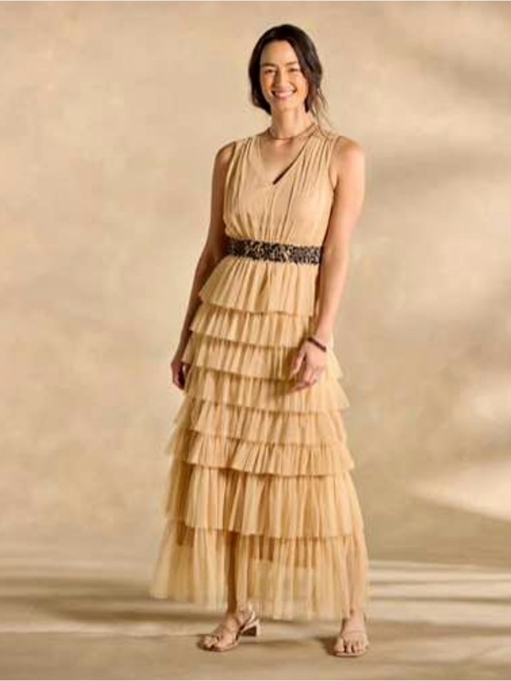 NWOT Sundance Blush Nude Champagne Tiered Mesh Ruffle Maxi Dress Size P2